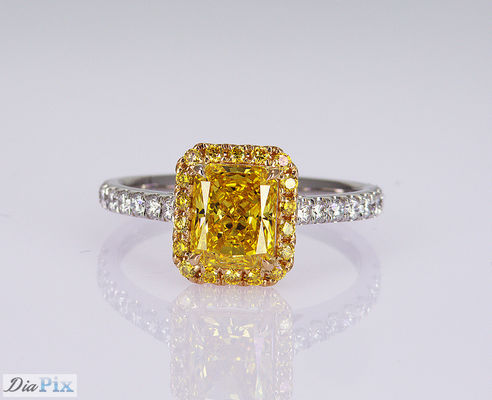 1.1ct Forma radiante Fantasia amarelo vivo Laboratório Criado Anel de diamante 18K Gold Set