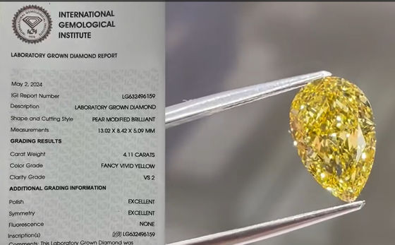 4CT CVD Amarelo Laboratório Crescido Diamante forma de pera Fantástico Amarelo Vivo Anéis Diamante Colar